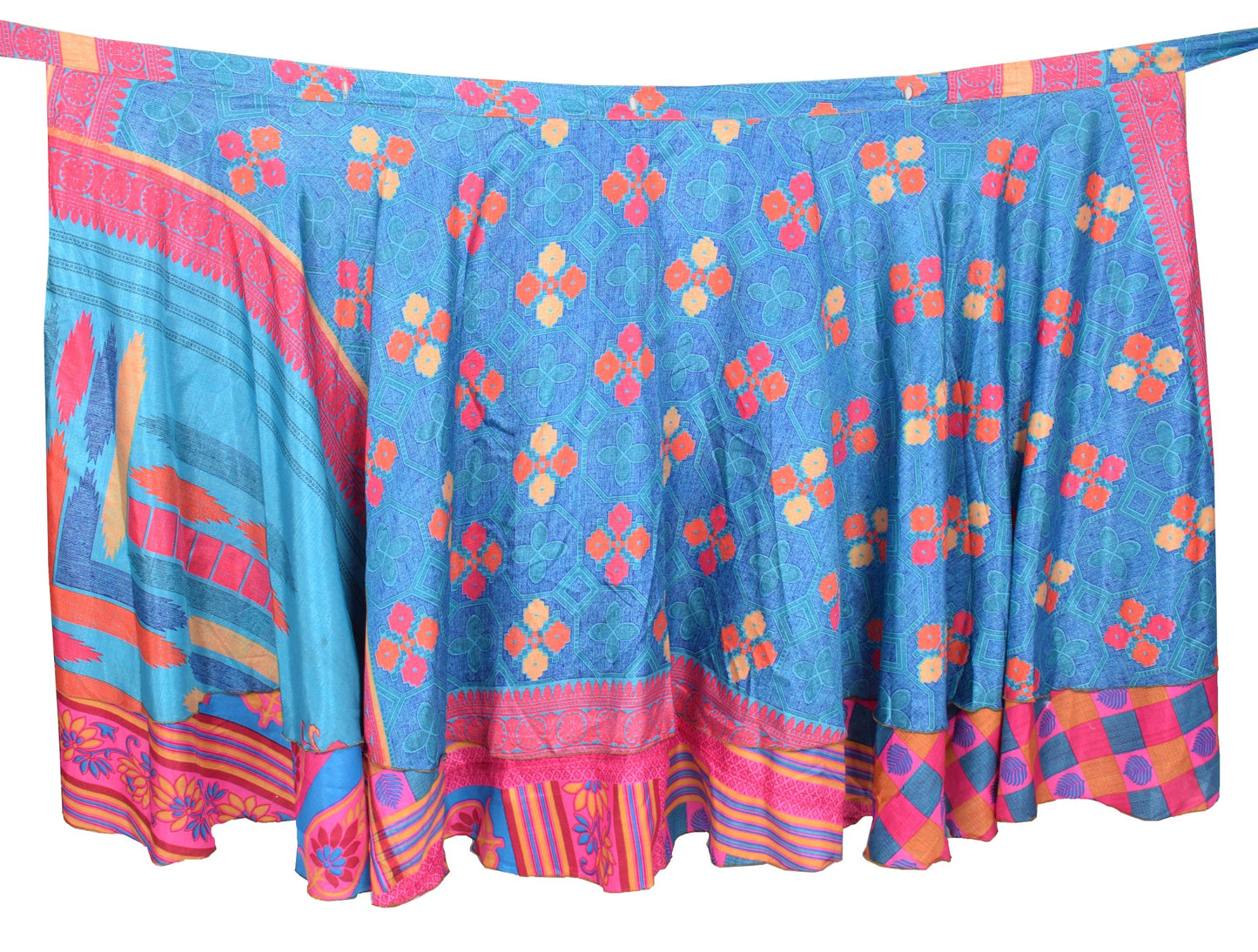 Sushila Vintage Magic Wrap Art Silk Blue Pink Saree Reversible Skirt Beach Dress