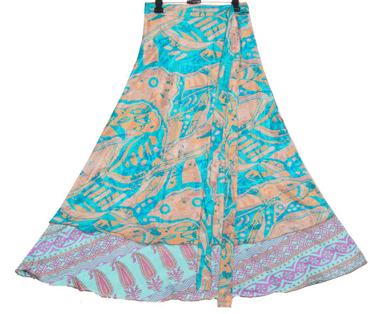 Sushila Vintage Aqua Blue Saree Magic Wrap Beach Dress Art Silk Reversible Skirt