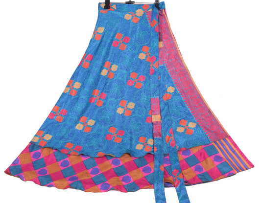 Sushila Vintage Art Silk Saree Magic Wrap Reversible Skirt Pink Blue BeachDress