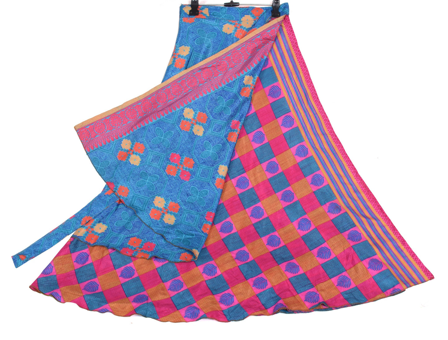 Sushila Vintage Art Silk Saree Magic Wrap Reversible Skirt Pink Blue BeachDress