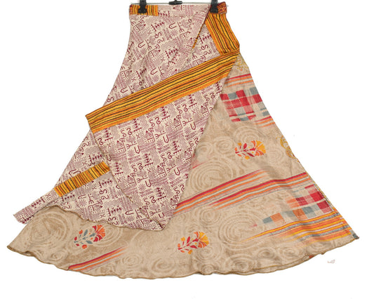 Sushila Vintage Art Silk Saree Magic Wrap Reversible Skirt Beach Dress Clothing