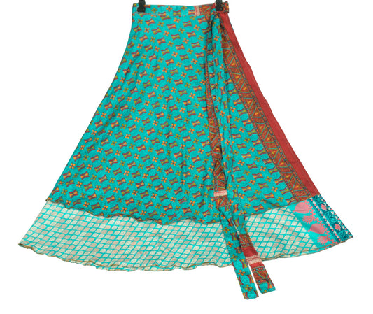 Sushila Vintage Turq. Blue Saree Magic Wrap Reversible Skirt Art Silk Beach Dress
