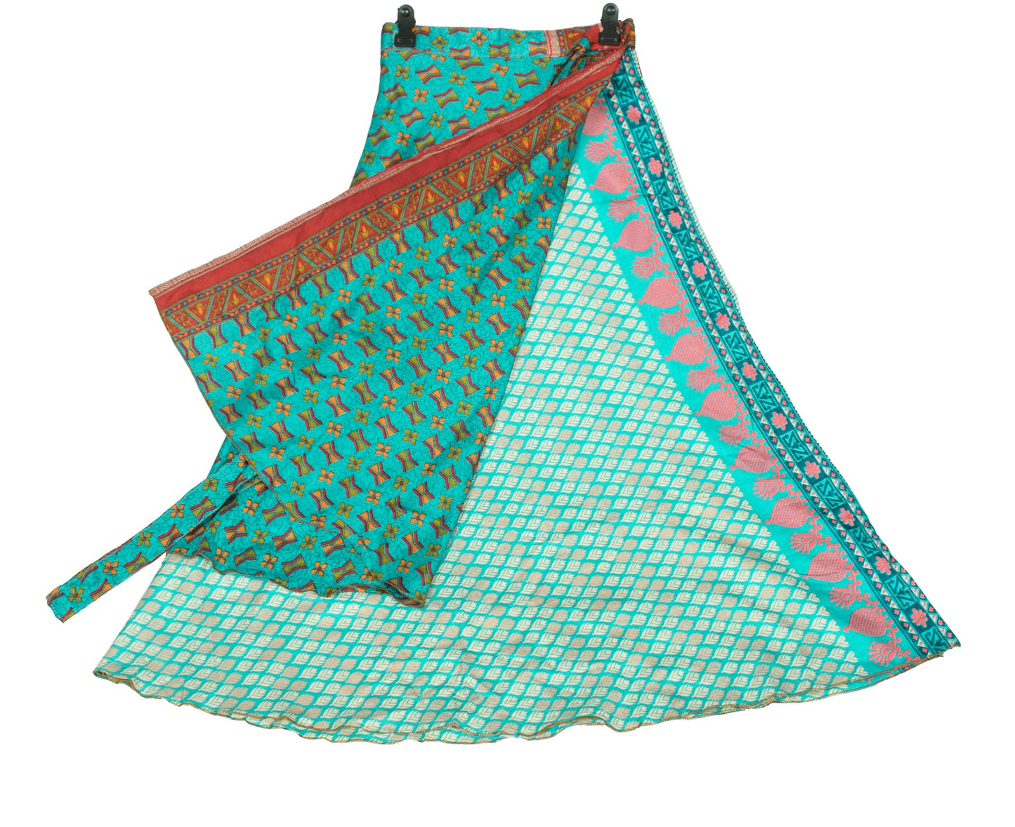 Sushila Vintage Turq. Blue Saree Magic Wrap Reversible Skirt Art Silk Beach Dress