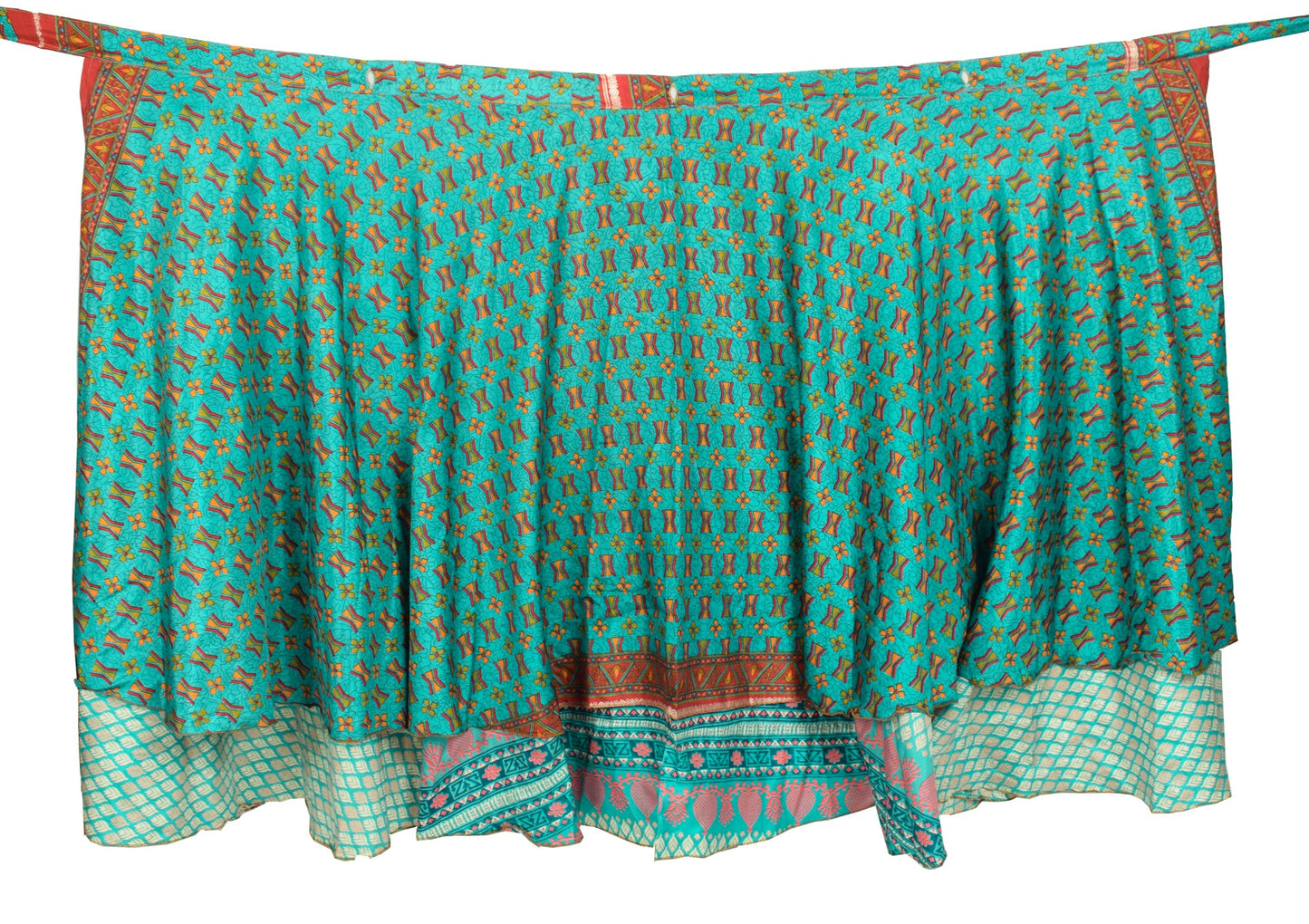 Sushila Vintage Turq. Blue Saree Magic Wrap Reversible Skirt Art Silk Beach Dress
