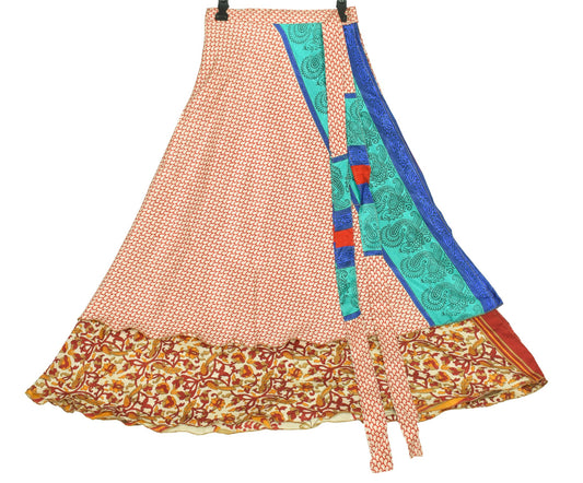 Sushila Vintage Art Silk Saree Magic Wrap Reversible Skirt Peacock Print Beach Dress