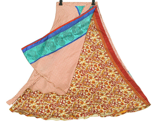 Sushila Vintage Art Silk Saree Magic Wrap Reversible Skirt Peacock Print Beach Dress