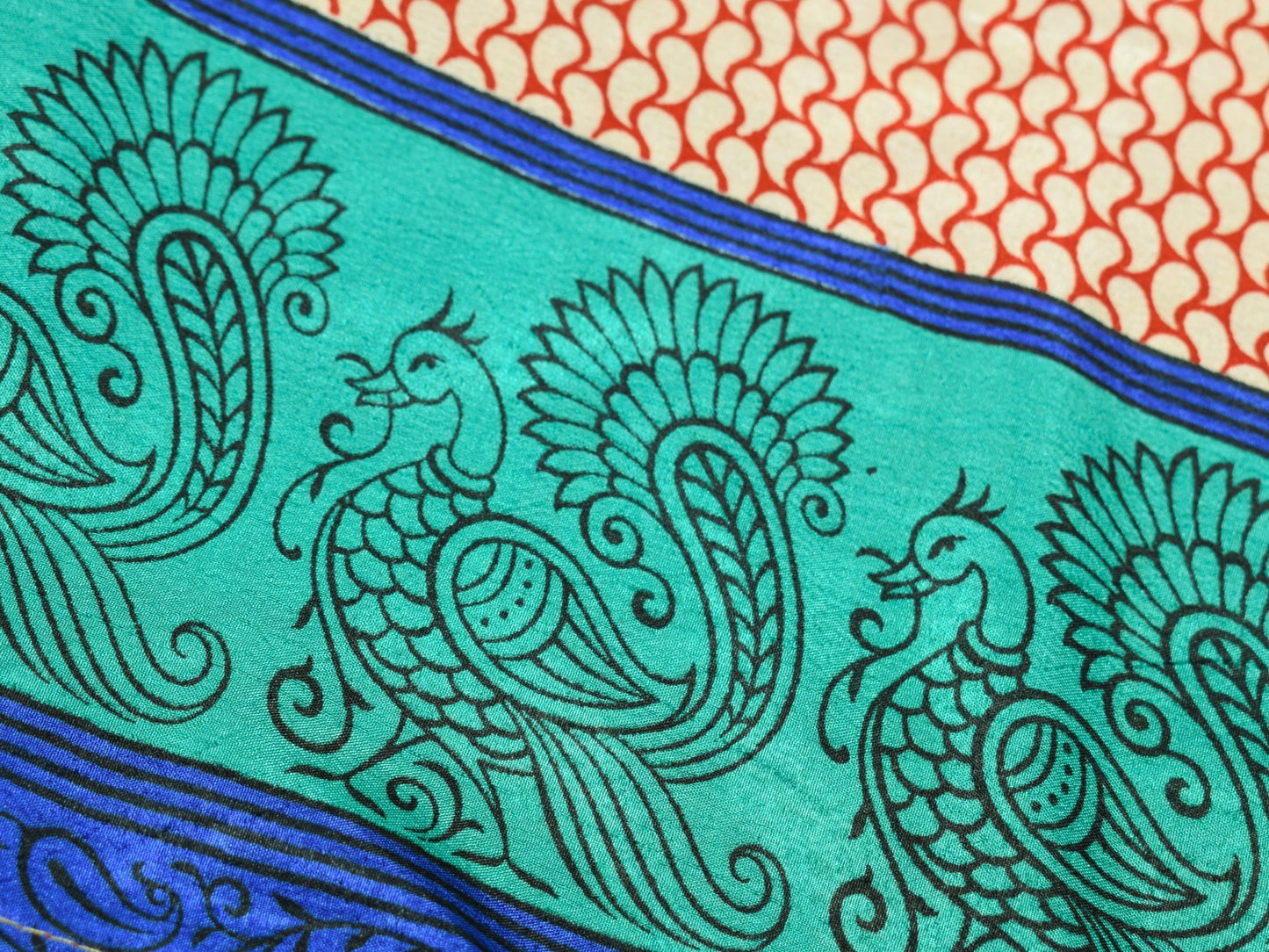 Sushila Vintage Art Silk Saree Magic Wrap Reversible Skirt Peacock Print Beach Dress