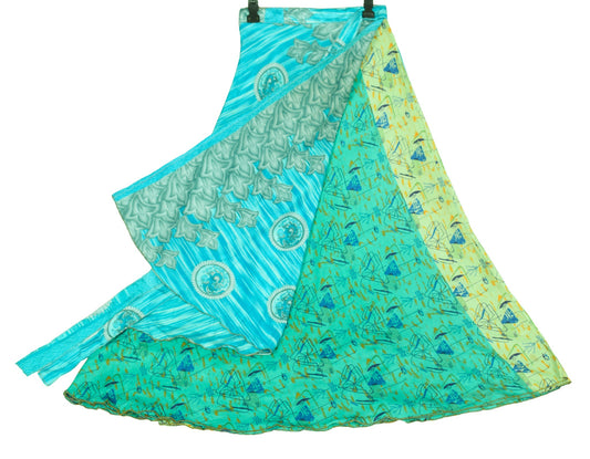 Sushila Vintage Green Blue Saree Magic Wrap Reversible Skirt Art Silk Beach Dress