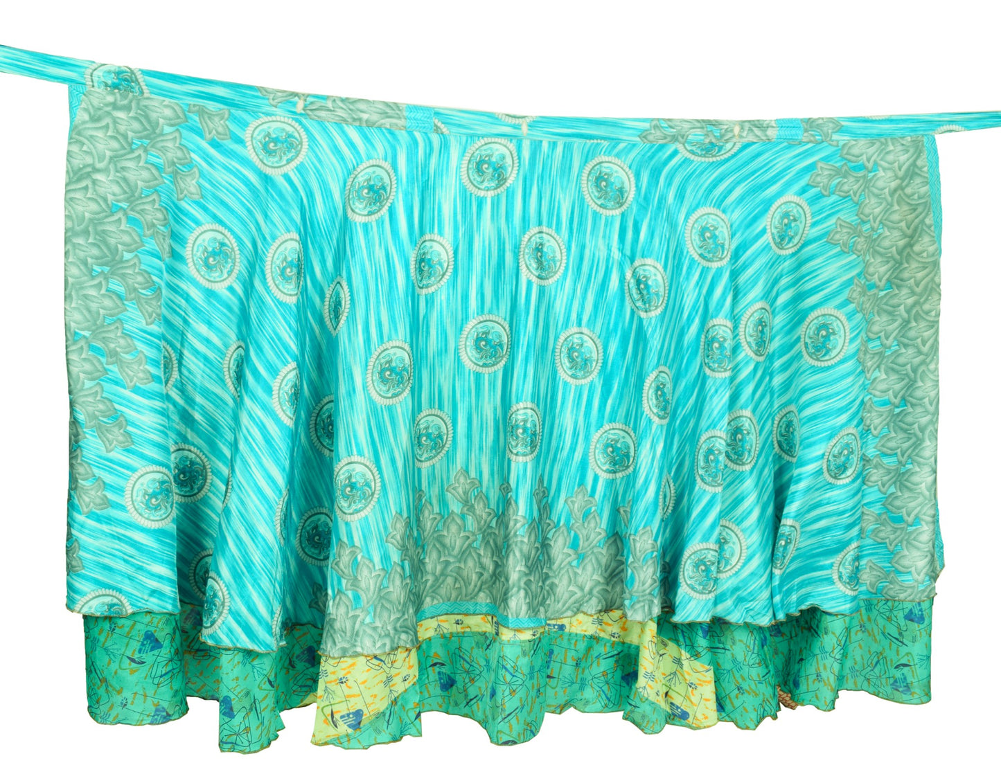 Sushila Vintage Green Blue Saree Magic Wrap Reversible Skirt Art Silk Beach Dress