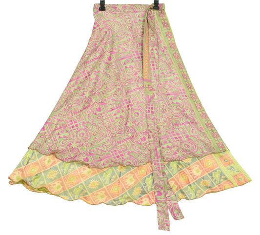 Sushila Vintage Birds Print Saree Magic Wrap Reversible Skirt Art Silk Beach Dress