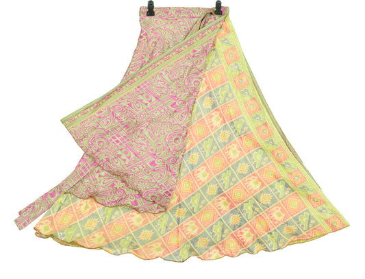 Sushila Vintage Birds Print Saree Magic Wrap Reversible Skirt Art Silk Beach Dress
