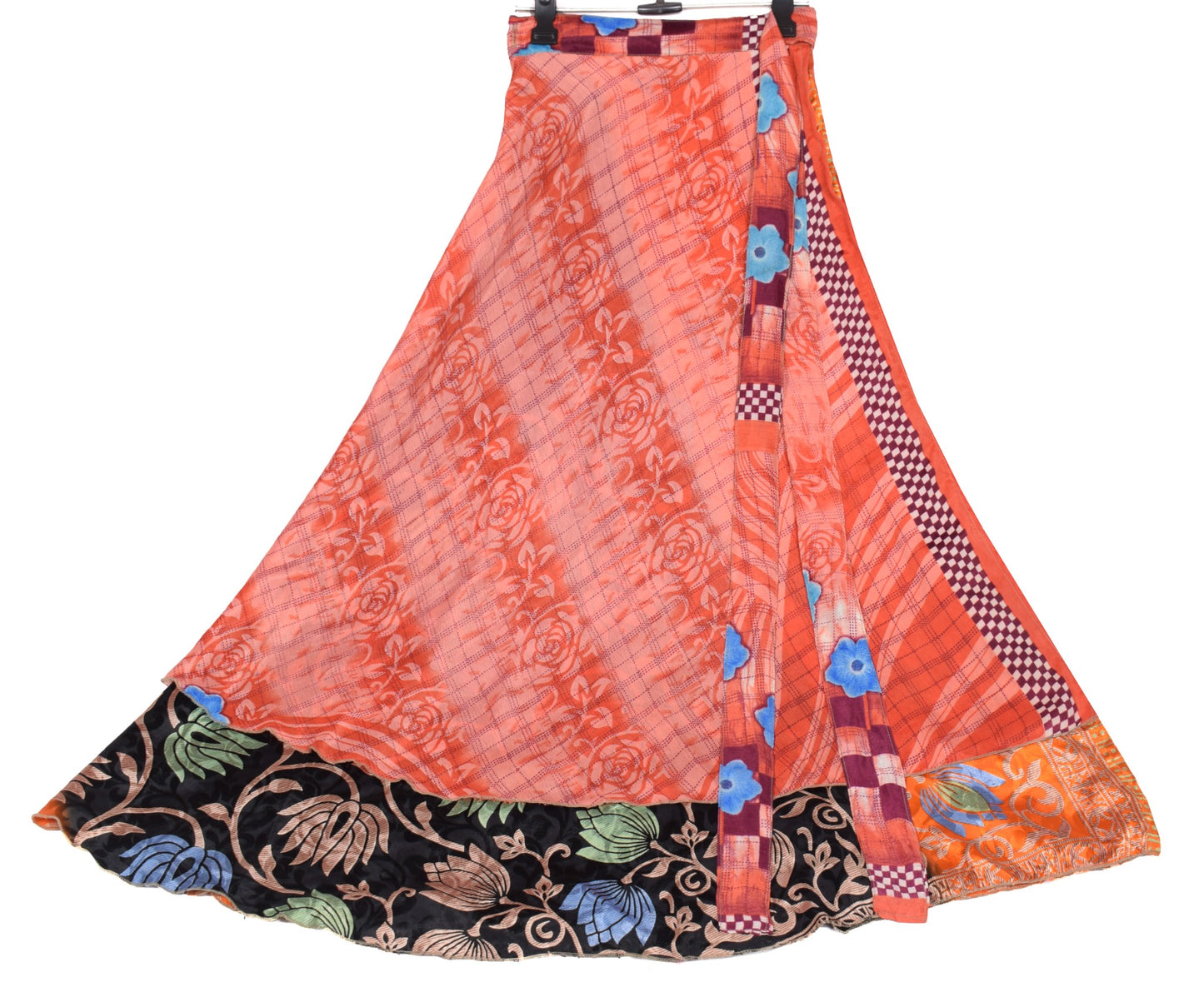 Sushila Vintage Black Saree Magic Wrap Reversible Art Silk Skirt Floral Beach Dress