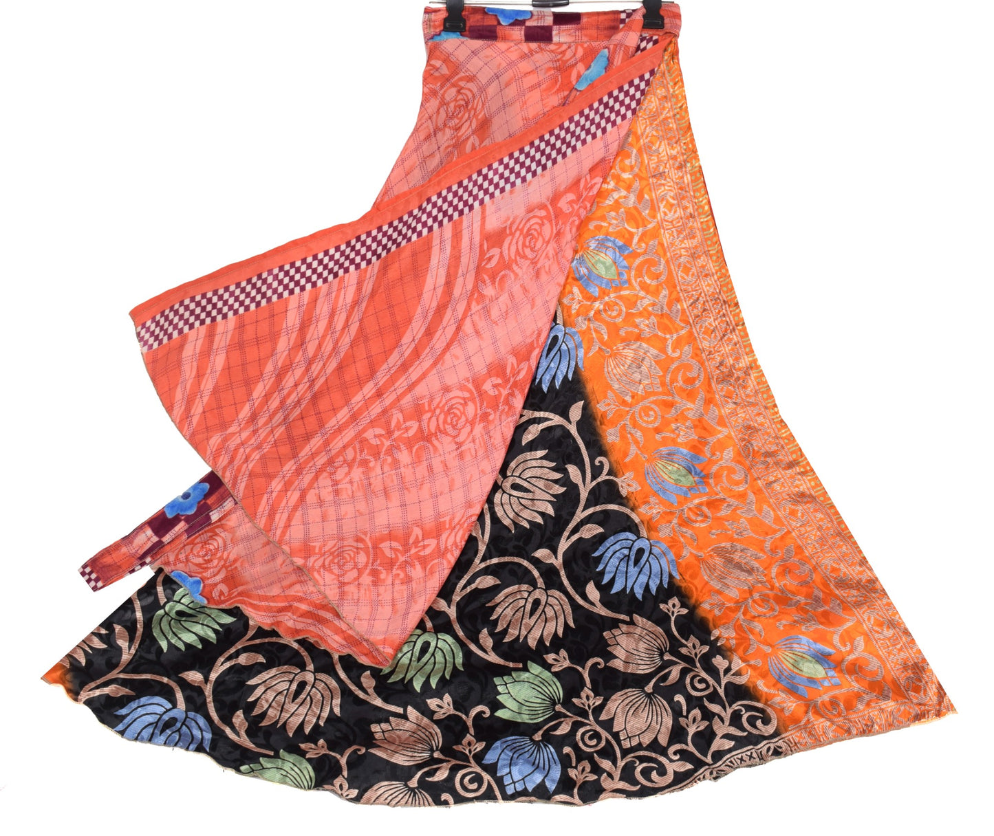 Sushila Vintage Black Saree Magic Wrap Reversible Art Silk Skirt Floral Beach Dress