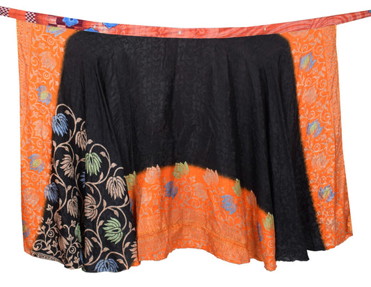 Sushila Vintage Black Saree Magic Wrap Reversible Art Silk Skirt Floral Beach Dress