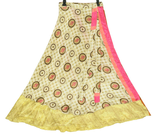 Sushila Vintage Magic Wrap Art Silk Saree Reversible Yellow Skirt Beach Dress