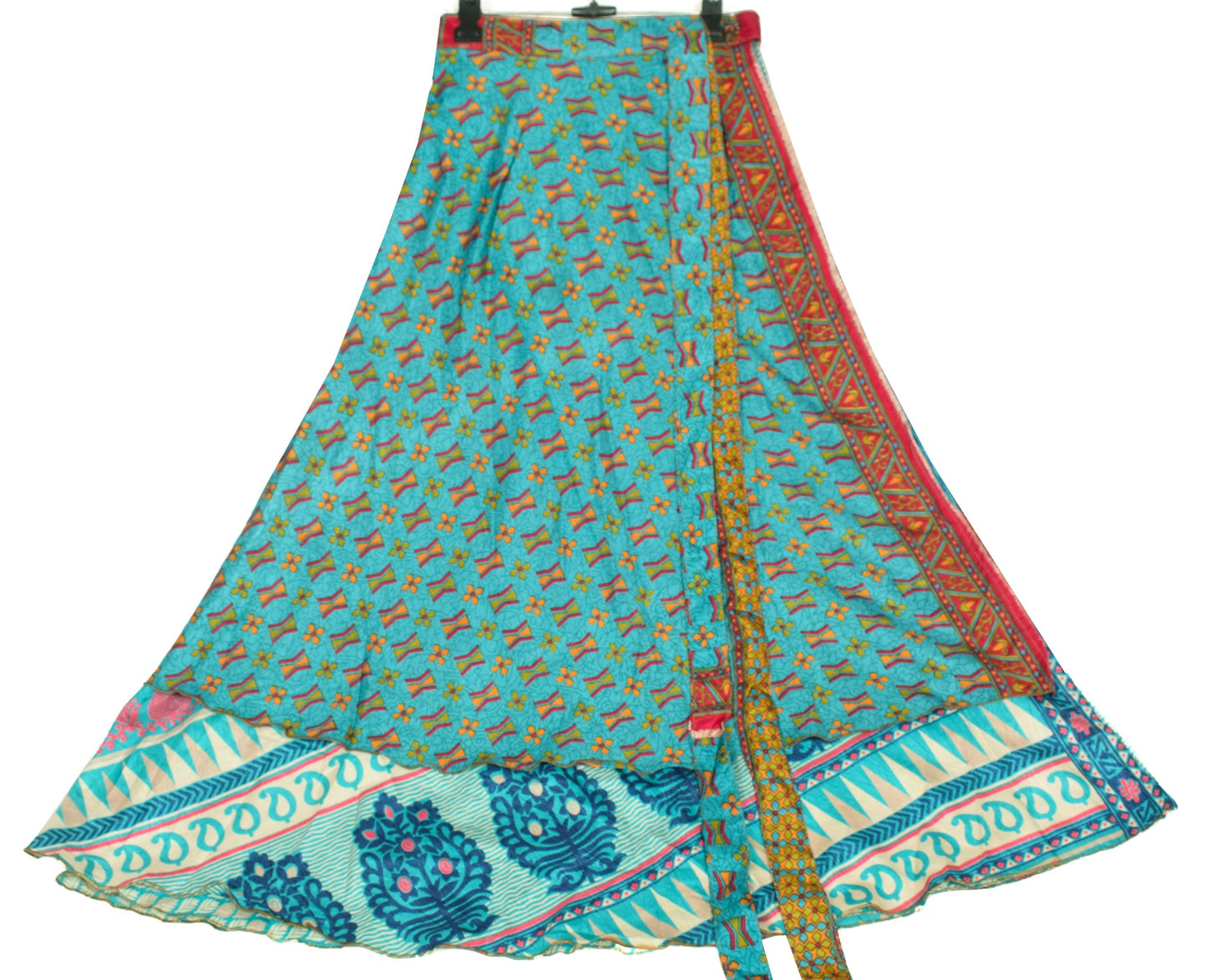 Sushila Vintage Art Silk Saree Magic Wrap Reversible Blue Skirt Beach Dress