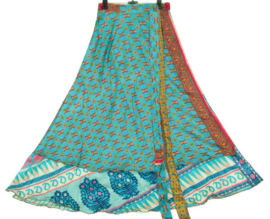 Sushila Vintage Art Silk Saree Magic Wrap Reversible Blue Skirt Beach Dress