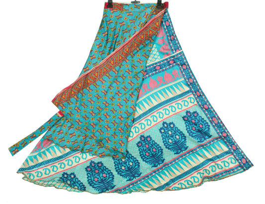 Sushila Vintage Art Silk Saree Magic Wrap Reversible Blue Skirt Beach Dress