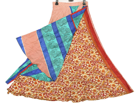 Sushila Vintage Art Silk Saree Magic Wrap Reversible Peacock Print Skirt Beach Dress