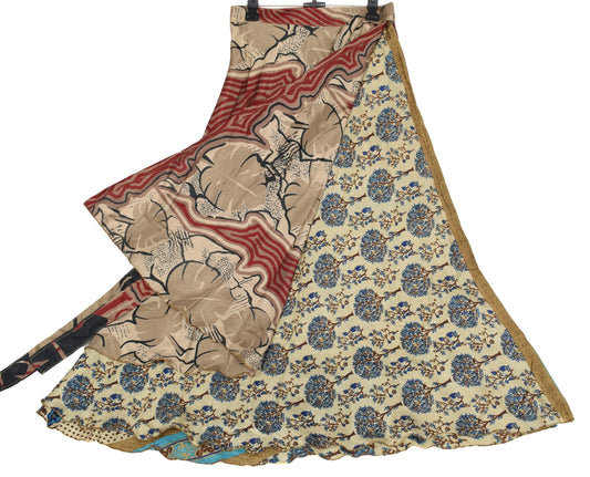 Sushila Vintage Art Silk Saree Magic Wrap Reversible Skirt Beach Dress Floral Brown