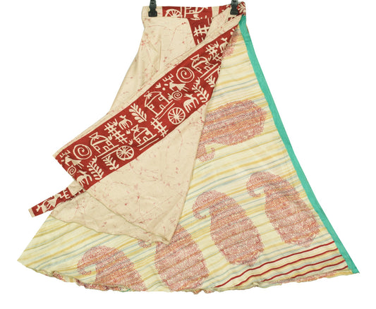 Sushila Vintage Cream Saree Magic Wrap Reversible Skirt Art Silk Beach Dress