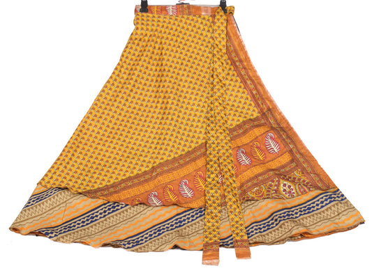 Sushila Vintage Saree Magic Wrap Reversible Skirt Art Silk Beach Dress Mustard