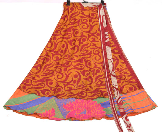 Sushila Vintage Art Silk Saree Magic Wrap Reversible Skirt Beach Dress Orange