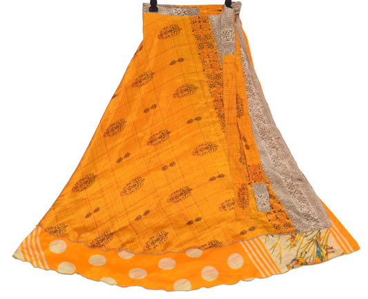Sushila Vintage Orange Saree Magic Wrap Reversible Skirt Art silk Beach Dress