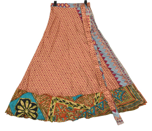 Sushila Vintage Art Silk Saree Magic Wrap Reversible Skirt Beach Rust Dress Boho