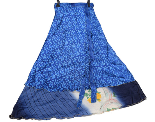 Sushila Vintage Magic Wrap 2 Layer Blue Art Silk Saree Reversible Skirt Beach Dress