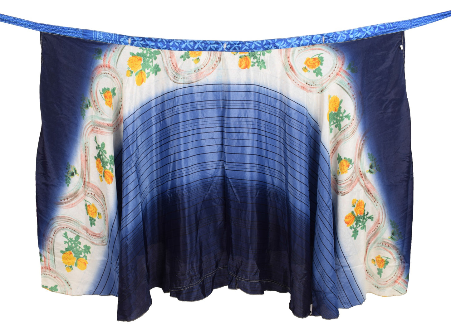 Sushila Vintage Magic Wrap 2 Layer Blue Art Silk Saree Reversible Skirt Beach Dress