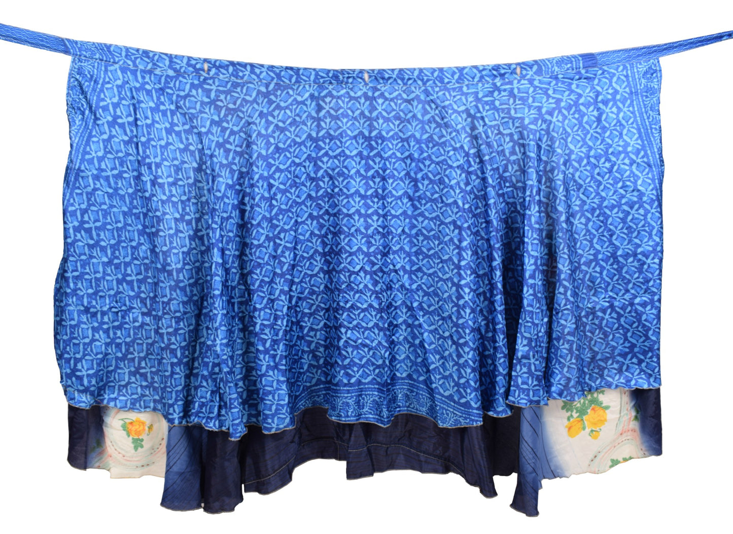 Sushila Vintage Magic Wrap 2 Layer Blue Art Silk Saree Reversible Skirt Beach Dress