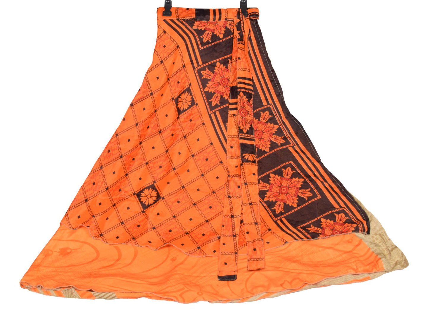 Sushila Vintage Orange Saree Magic Wrap Reversible Skirt Art Silk 2 Layer Beach Dress