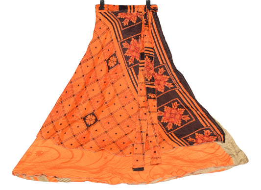 Sushila Vintage Orange Saree Magic Wrap Reversible Skirt Art Silk 2 Layer Beach Dress