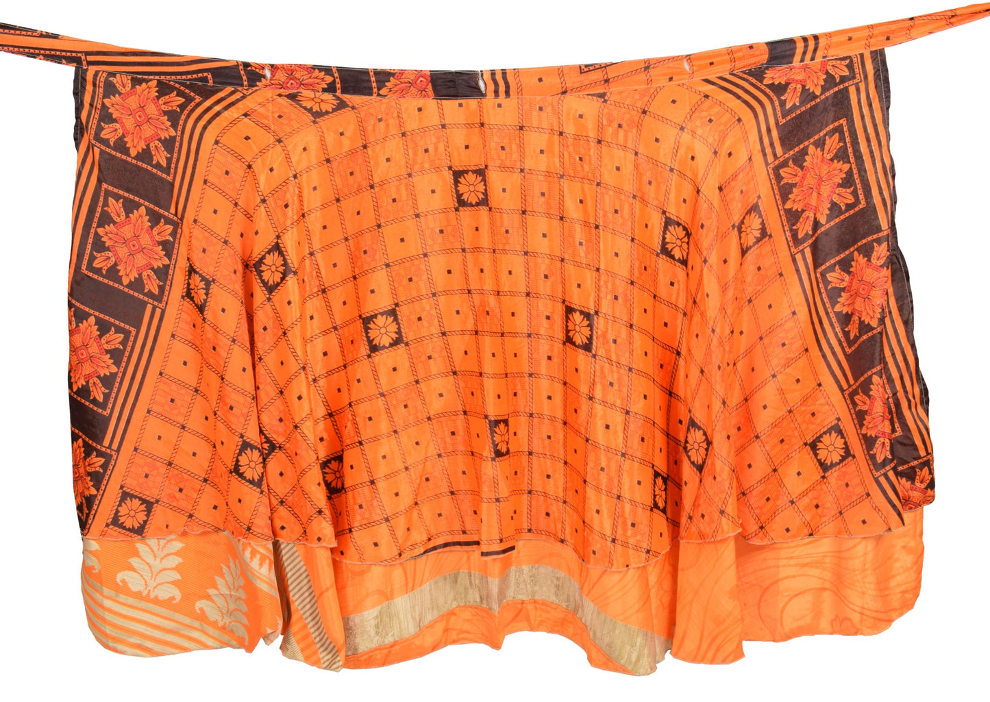 Sushila Vintage Orange Saree Magic Wrap Reversible Skirt Art Silk 2 Layer Beach Dress