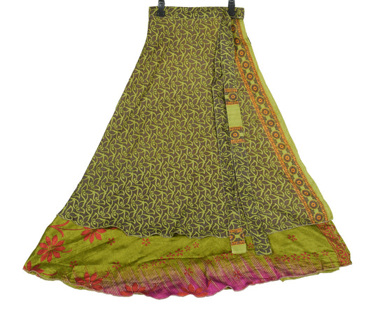 Sushila Vintage Henna Green Saree Magic Wrap Reversible Skirt Art Silk Beach Dress