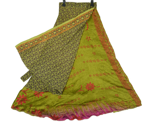 Sushila Vintage Henna Green Saree Magic Wrap Reversible Skirt Art Silk Beach Dress