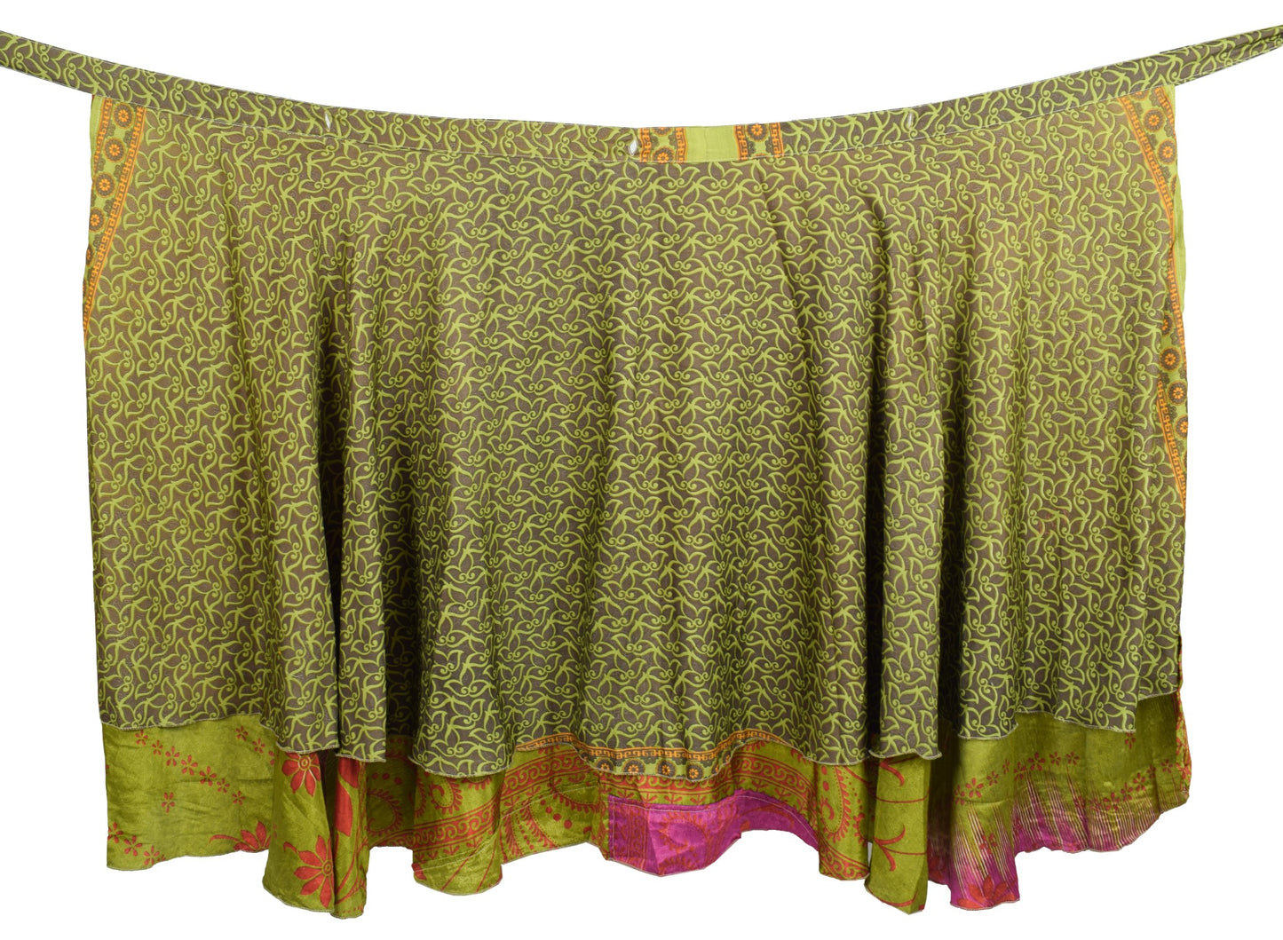Sushila Vintage Henna Green Saree Magic Wrap Reversible Skirt Art Silk Beach Dress