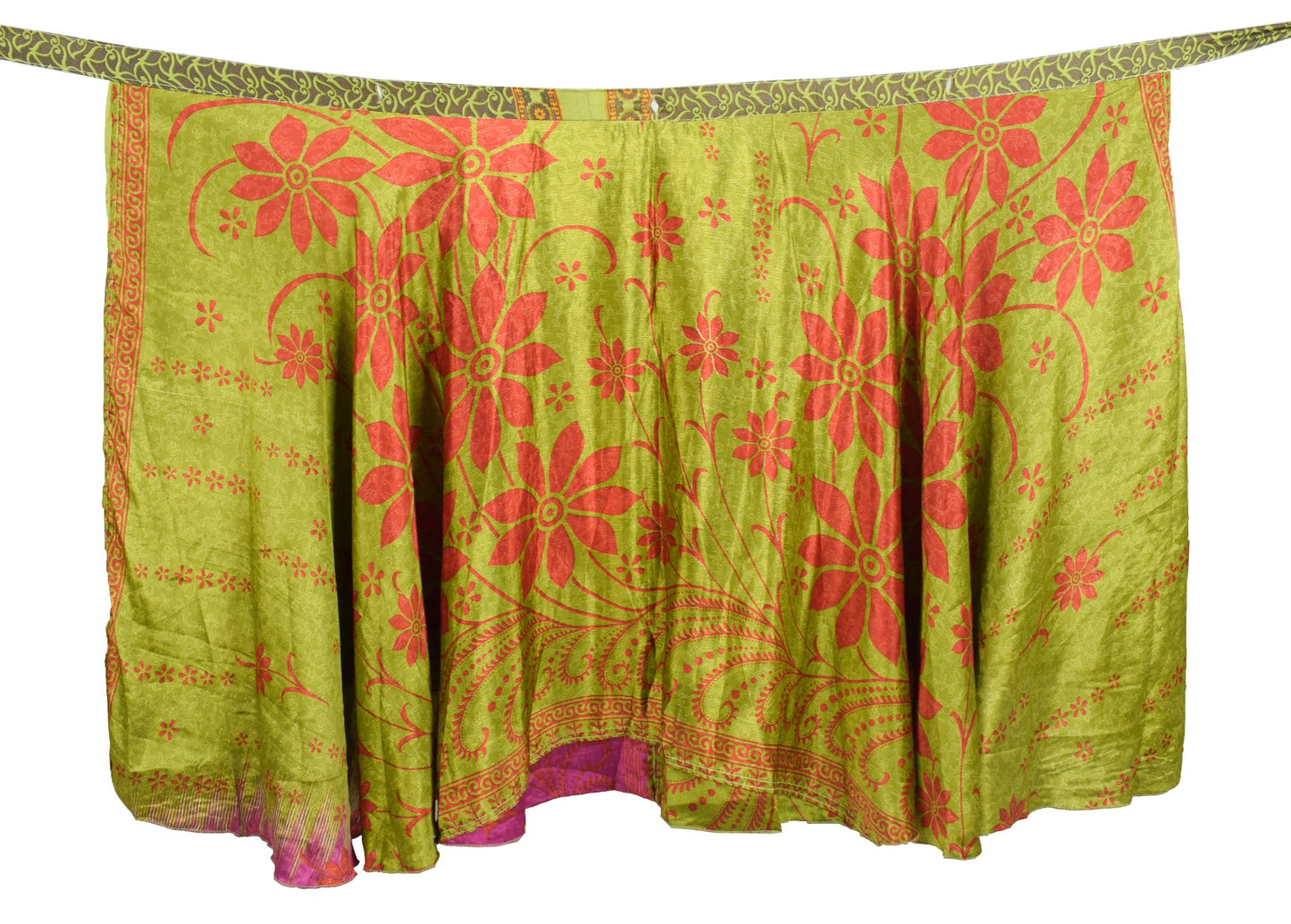 Sushila Vintage Henna Green Saree Magic Wrap Reversible Skirt Art Silk Beach Dress