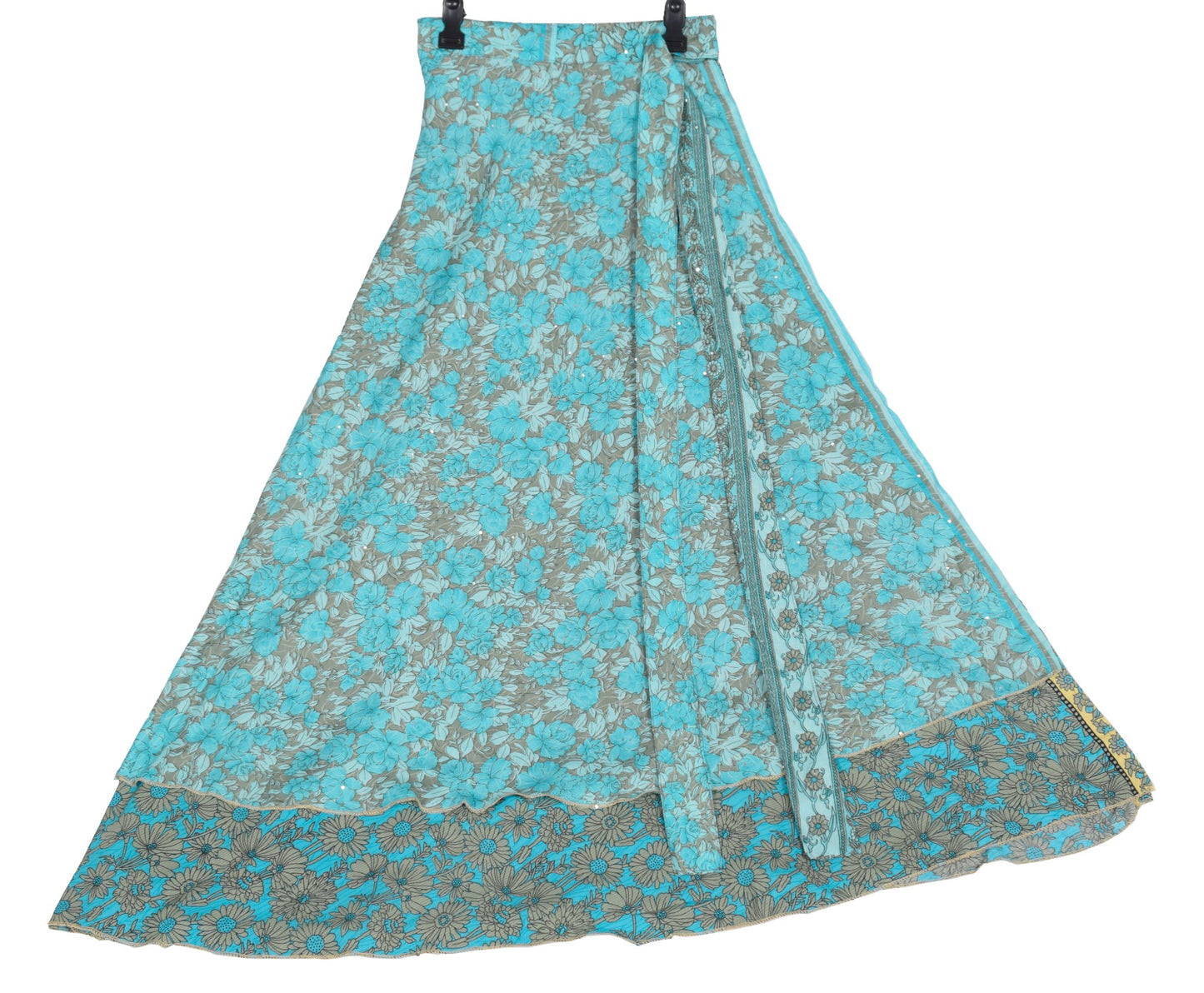Sushila Vintage Art Silk Saree Magic Wrap Aqua Blue Reversible Skirt BeachDress