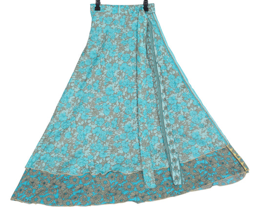 Sushila Vintage Art Silk Saree Magic Wrap Aqua Blue Reversible Skirt BeachDress