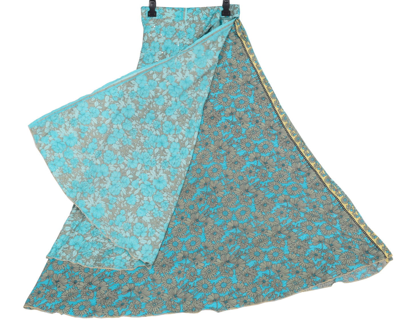 Sushila Vintage Art Silk Saree Magic Wrap Aqua Blue Reversible Skirt BeachDress