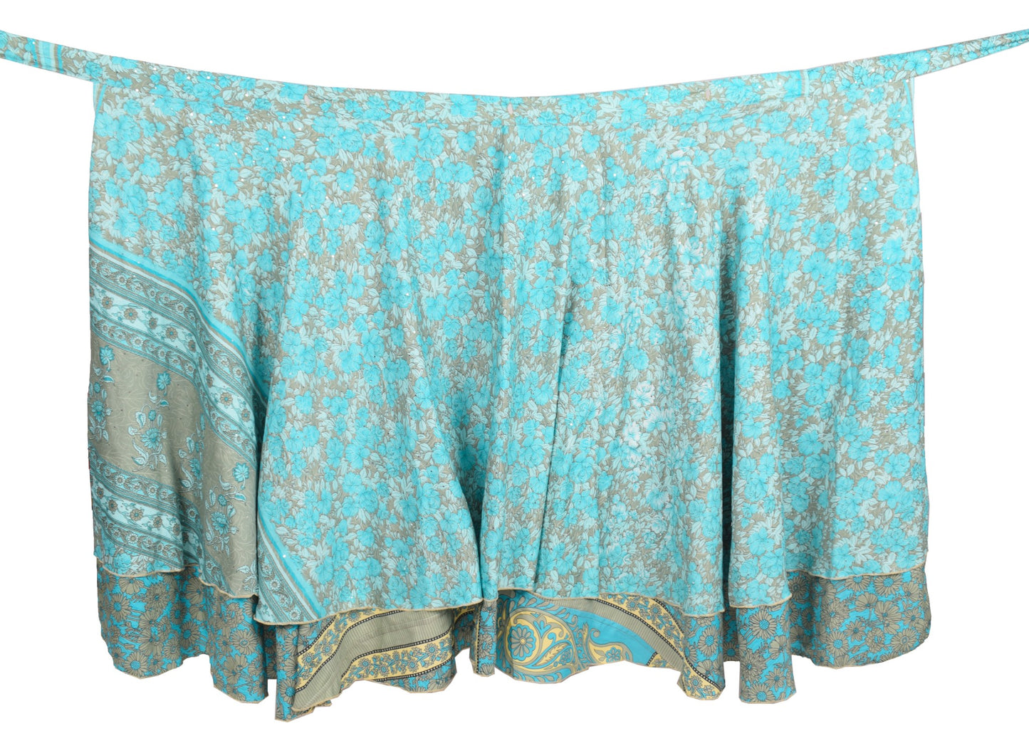 Sushila Vintage Art Silk Saree Magic Wrap Aqua Blue Reversible Skirt BeachDress