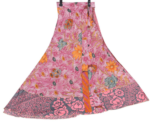 Sushila Vintage Pink Saree Magic Wrap Reversible Skirt Art Silk Beach Dress Floral