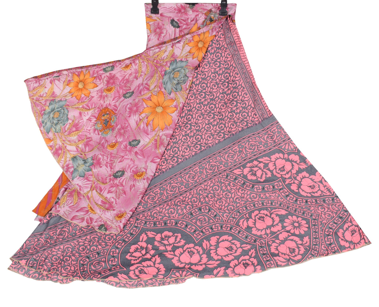 Sushila Vintage Pink Saree Magic Wrap Reversible Skirt Art Silk Beach Dress Floral