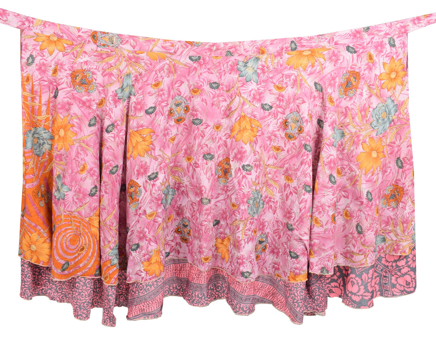 Sushila Vintage Pink Saree Magic Wrap Reversible Skirt Art Silk Beach Dress Floral