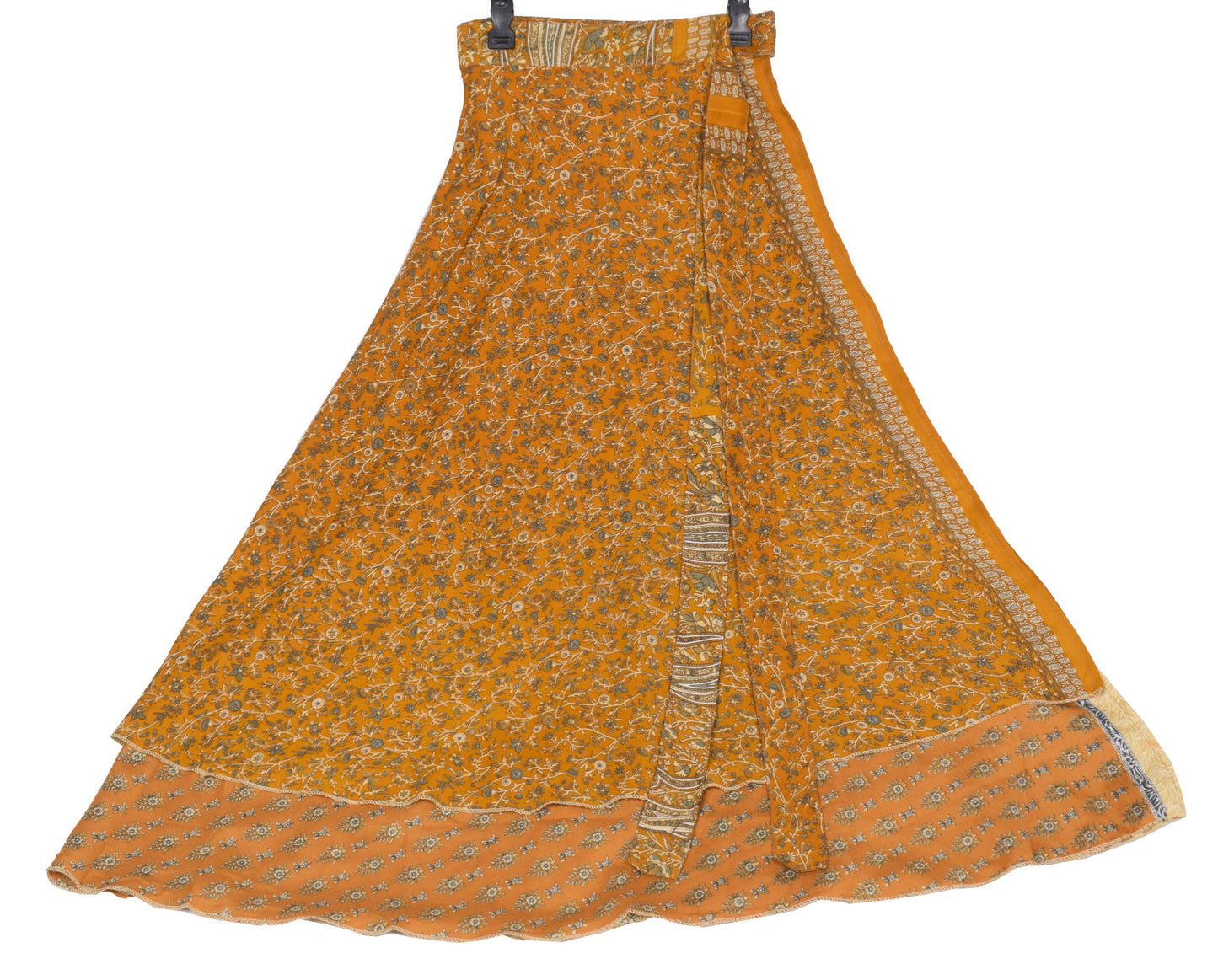 Sushila Vintage Art Silk Saree Magic Wrap Reversible Skirt Beach Dress Mustard Floral