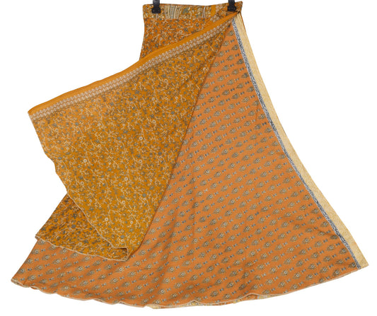 Sushila Vintage Art Silk Saree Magic Wrap Reversible Skirt Beach Dress Mustard Floral
