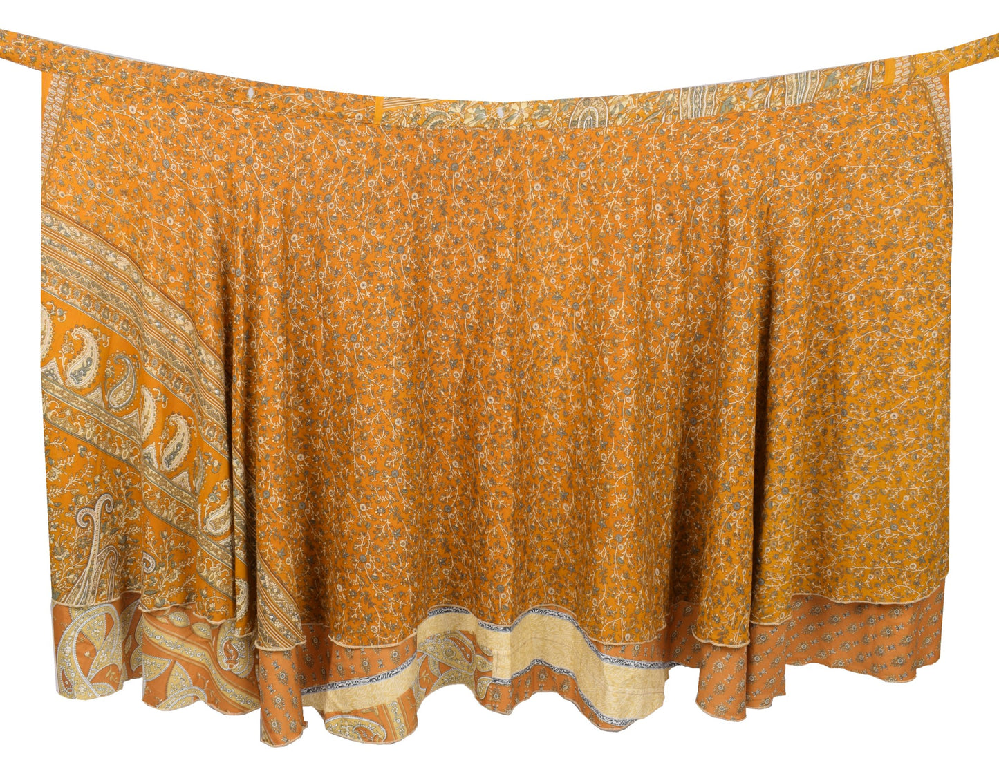 Sushila Vintage Art Silk Saree Magic Wrap Reversible Skirt Beach Dress Mustard Floral