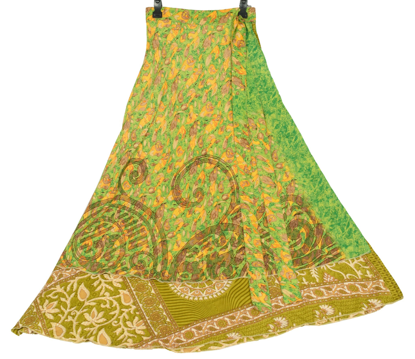 Sushila Vintage Art Silk Saree Green Magic Wrap Reversible Skirt Beach Dress